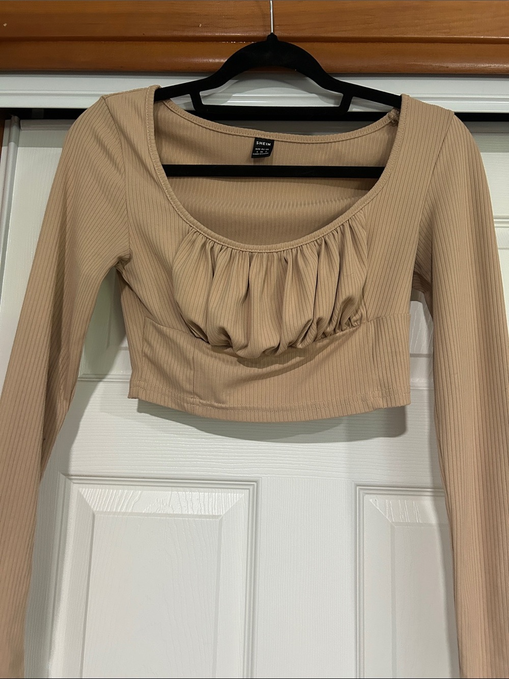 SHEIN Beige Ribbed Gathered-Front Long Sleeve Crop Top